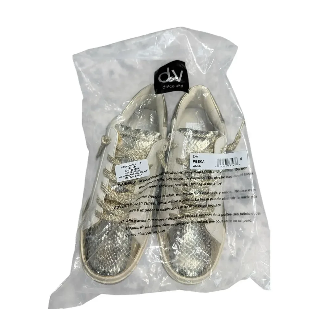 NEW DV Dolce Vita Sneakers Big Girls Size 5 Gold Metallic Snakeskin Neutral